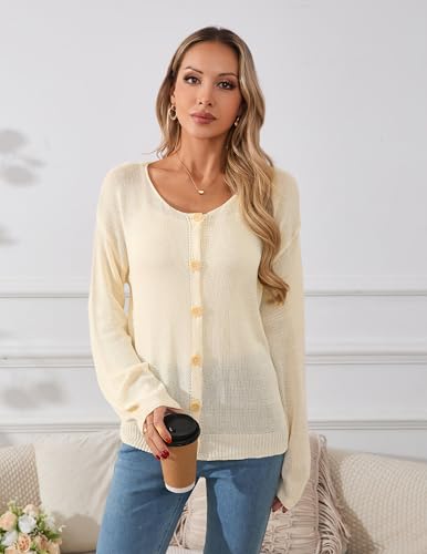 Image of Libsorge Womens Oversized Lightweight Sheer Button Cardigan Spring 2025 Trendy Solid Ribbed Knit Long Sleeve Thin Sweater