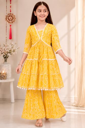 Image of Preneum Girl's Cotton Rayon Bandhani & Lahariya Printed Angrakha Kurta with Sharara & Dupatta