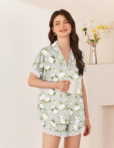 Image of Ekouaer Womens Lace Satin Pajama Set Button Down Pj Shorts Set Bridesmaids Getting Ready Outfits Casual Sleepwear XS-XXL