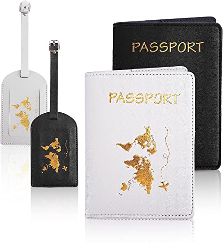 Reisepasshülle 2PCS Reisepass Schutzhülle+2 Kofferanhänger,Kunstleder Passhülle mit Golddruck,Passhülle für Damen Herren Reisepass Kreditkarten,Ausweis und Reisedokumente,10.7×14.2cm (Schwarz + Weiß)