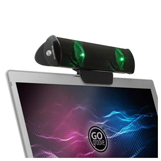GOgroove SonaVERSE LED Speaker for Laptop Computer - USB Powered Clip-On Sound Bar with Mini Portable External Speaker Design for Monitor, Back Switch for Power - Audio Input and Power (Green)