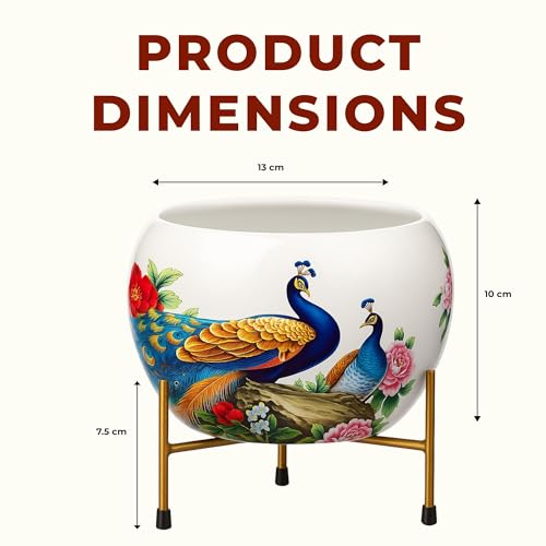 Image of Natural Earth Metal Flower Vase Planter Pot with Iron Stand | Decorative Plant Cachepot for Indoor & Outdoor Use | Succulent Pot for Home & Garden Decor (Charming Peacock)