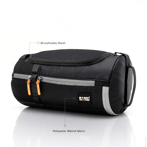 Image of MONKEY TROOPERS Pumppack Unisex Duffle Bag 16L | Polyester, Black | Water-Resistant, Shoe Compartment, 2 Quick Zipper Pockets, Inner Organizer, Gym /Travel Use Dual Handles with Detachable Strap