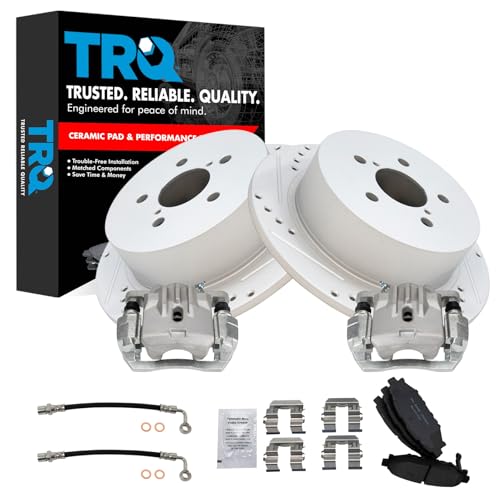 Image of TRQ Performance Rear Brake Pad and Rotor Set Ceramic Slotted Drilled Coated Rotors Calipers Compatible with 2006-2009 Subaru Legacy