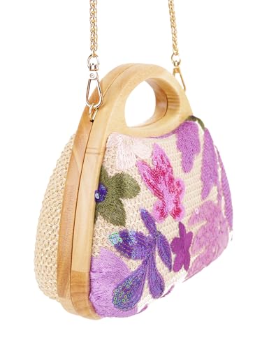 Image of Women Straw Sequin Embroidered Flower Evening Handbag Clutch Purse Wooden Handle for Beach Holiday Party, Purple(random Pattern)