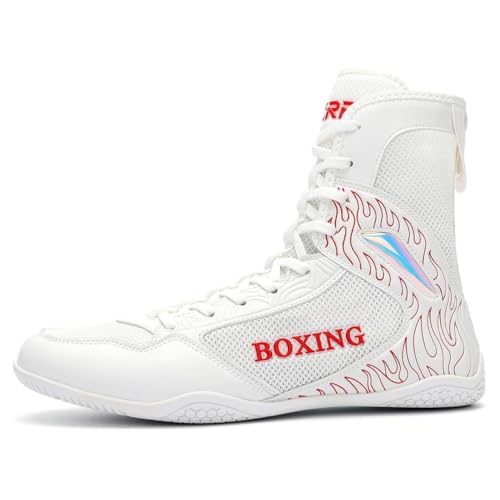 FJJLOVE Botas de Boxeo Juveniles para Hombre, Zapatos de Kickboxing de Malla Ligera con caña Alta, para Lucha, Entrenamiento atlético y acondicionamiento físico,Blanca,37 EU