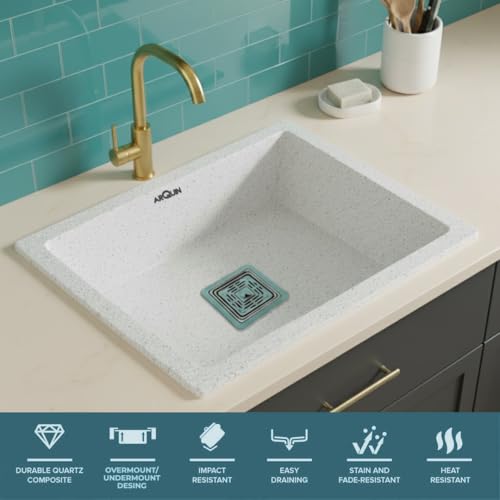 Image of ARQUIN Quartz Kitchen Sink 21x18x9 Inch Sand Pluto | Single Bowl Sink | Durable & Scratch-Resistant | Undermount /Topmount Including Coupling, Waste Pipe & Fruit Washing Basket