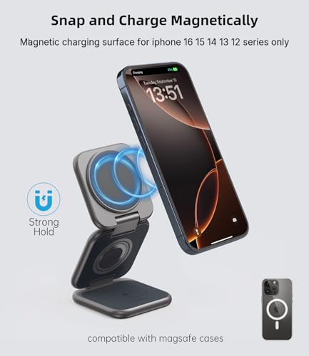 Image of Foldable Magnetic Wireless Charger, KU XIU X40 Plus Aluminum Alloy 3 in 1 Charging Station for Apple, Fast Mag-Safe Charger for iPhone 17 16 15 14 13 Series, 5W for iWatch, AirPods 3 /2 /Pro, Dark Gray