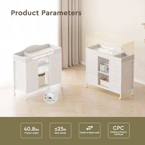 Yetom Changing Table, 6-Drawer Baby Dresser with Changing Table top, Waterproof Diaper Changing Station & Pad, 2 Height-Adjustable Open Storage Shelves, Mobile Nursery Organizer, White