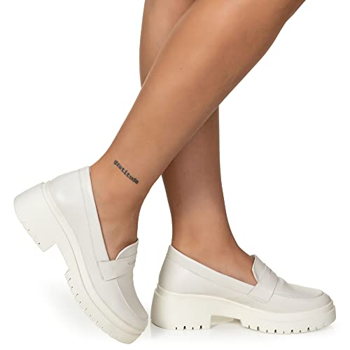 Sapato Mocassim Feminino Tratorado Conforto Moderno Liso Estilo Shoes (Off white, BR, Adulto, Numéri