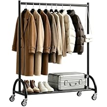 KEETDY Heavy Duty Clothing Racks for Hanging Clothes Heavy Duty Clothes Rack Rolling Garment Rack with Wheels Freestanding Closet Racks, 210 LBS Load Capacity for Coats, Garment, Dress, Shirt, Black