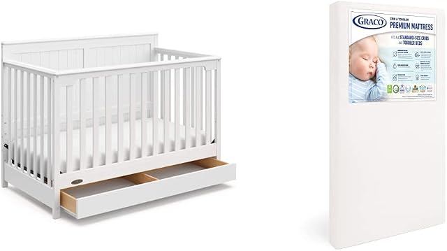 Graco Hadley Convertible Crib and Mattress Set, White | Includes 4-in-1 Convertible Crib with Drawer, Premium Foam Crib and Toddler Mattress