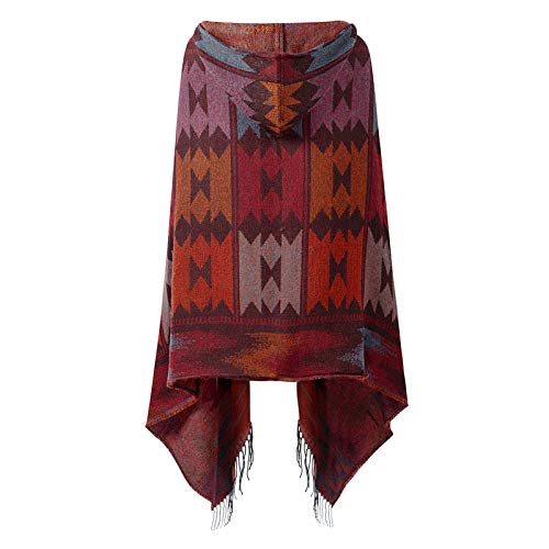 Domary Capa feminina de outono vintage com capuz geométrica com borla de fivela poncho boêmio casual