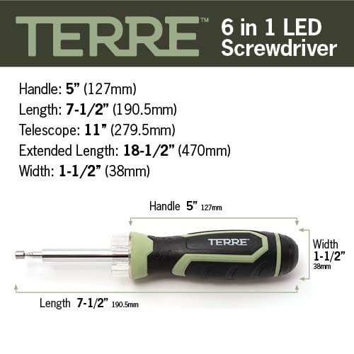 Terre Products, 6 In 1 Multitool Screwdriver, Nut Driver, All In One Screwdriver With Flashlight And Telescopic Magnetic Pick Up Tool, Multi Bit Screw Driver #TOP3