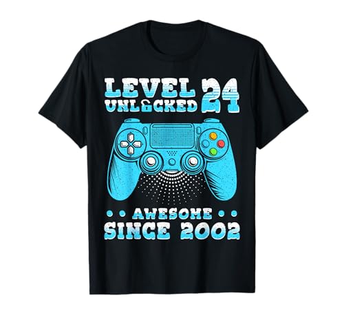 Cadeau 24 Anniversaire 24 Ans Gamer Niveau 24 Débloqué 2002 T-Shirt