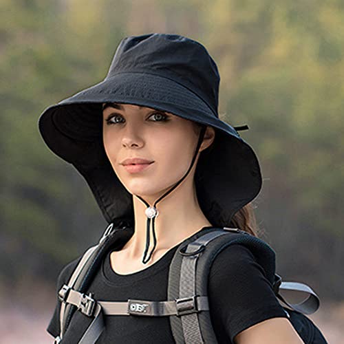 Chapéus de sol femininos de aba larga com orifício de rabo de cavalo, chapéu de caminhada e pesca ao