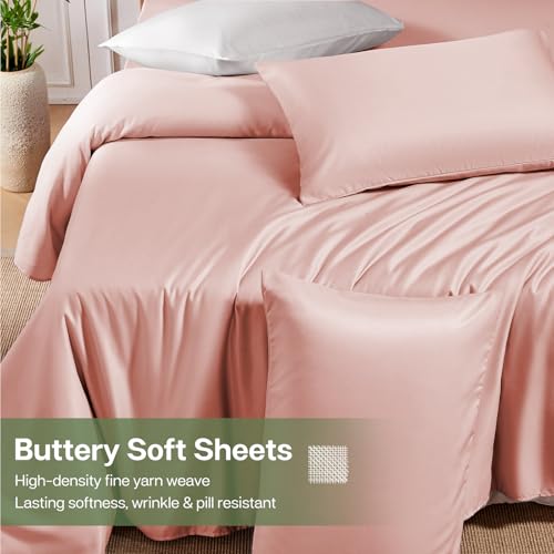 MR&HM Twin Sheets Set, 3-Piece Cooling Sheets, Rayon Derived from Bamboo & Polyester Blend, Soft & Silky, 15" Deep Pockets with Elastic Straps, Hotel Luxury for Hot Sleepers, Pink