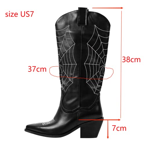 Cowboy Boots For Women Knee High Black Embroidered Mid Calf Chunky Block Heel Pointed-Toe Pull On Stitching Western Cowgirl Boots For Fashion Party Spider Web Costume Retro Two-Toned Shoes Size 10 #TOP5