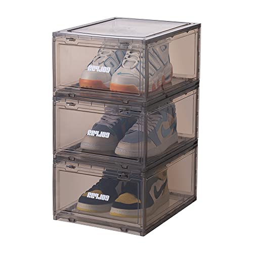 Shoe Boxes Clear Plastic - Stackable Sneaker Shoe Container Drop-Front Shoe Display Case For Closets, Entryway Shoe Rack, Clothing Rack, Bed, Easy Assembly (3Pcs) (Brown) #TOP21