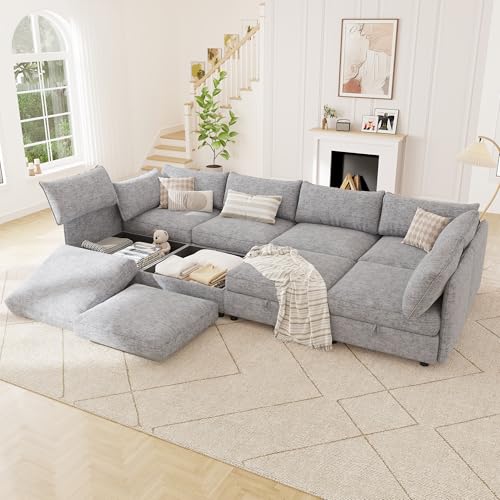 Image of 125 inch Chenille Modular Sectional Sofa Bed Hidden Storage, Convertible L U Shaped Sleeper Couch, 8 Seat Modern Modular Sectional Sofa with Removable Covers & Ottoman Chaise, for Living Room, Gray