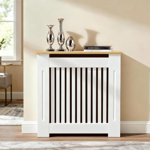FATIVO Cache Radiateur en Bois Blanc Couverture Moderne avec Lattes et Étagère Supérieure Armoire Design pour Salon Chambre Bureau - 71x18x90.5cm