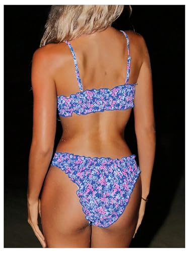 MakeMeChic Women's Two Piece Bikini Set Floral Frill Trim Spaghetti Strap Bathing Suit Beachwear3