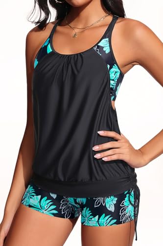 Image of Holipick Blouson Tankini Swimsuits for Women - Two Piece Tummy Control Bathing Suit with Shorts Modest Swimwear