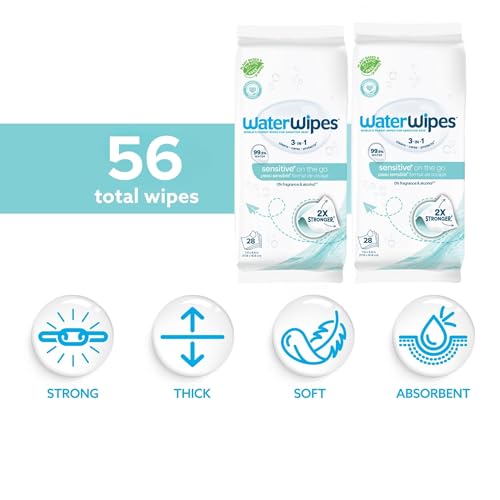 Image of WaterWipes Sensitive+ On The Go Wipes, 3-In-1 Cleans, Cares, Protects, 99.9% Water, Unscented & Hypoallergenic Wet Wipes, 28 Count (Pack of 2)