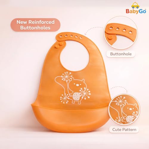 Image of BabyGo Silicone Baby Bib for Feeding & Weaning Infants & Toddlers |Waterproof, Washable & Reusable | Adjustable Neckline, Lightweight & Foldable Bib with Deep Food Catcher Pocket |Orange (Pack of 1)