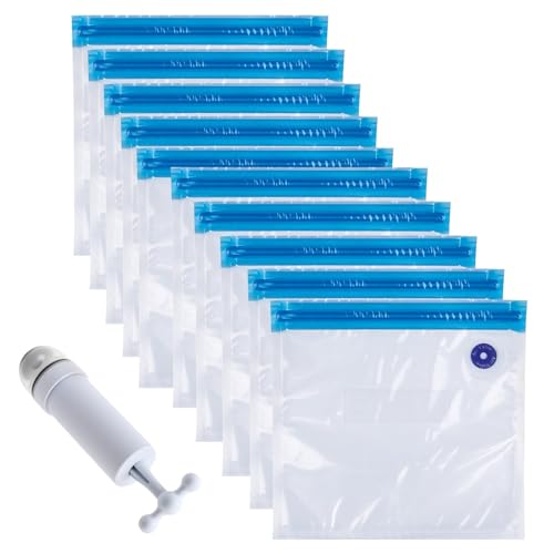 Bolsas Vacio Alimentos 26×28 cm 10 Piezas con Bomba Manual Bolsas Reutilizables para Envasar al Vacío Congelar y Marinar