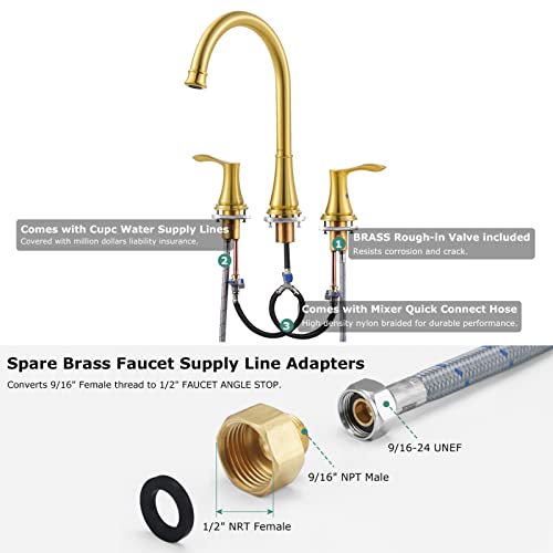 Parlos 2-Handle Widespread High Arc Roman Bathtub Faucet Tub Filler With Valve & Faucet Supply Lines, Brushed Gold, Demeter 1436208 #TOP2
