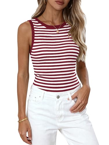 Image of PRETTYGARDEN Summer High Neck Striped Tank Tops for Women Casual Sleeveless Sweaters Basic Ribbed Knit Slim Fitted Shirts