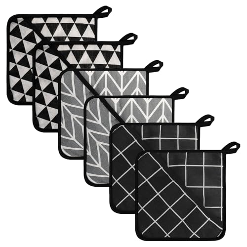 KQDRAVINE Lot de 6 maniques résistantes à la chaleur, 18 x 18 cm, lavables, gants de cuisine, noirs et gris