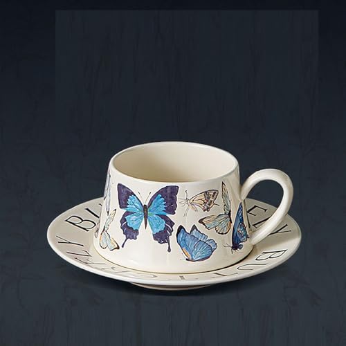 MAGICVOGEL Bonita taza de café con platillo, 250 ml, diseño de mariposas, taza de capuchino, regalo para cumpleaños, día de la madre, día de San Valentín, boda (azul)