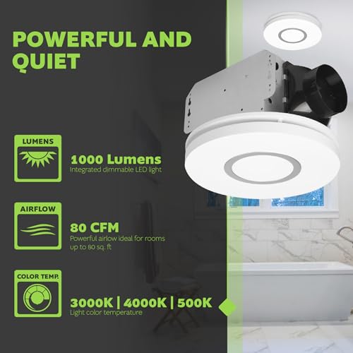 Extracto para baño Homewerks de 80 CFM con luz LED de 3 temperaturas de color (3000K/4000K/5000K), luz nocturna de 2700K, 1.1 sones, para ambientes hasta 80 pies cuadrados, acero galvanizado miniatura 3