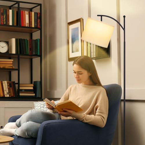 Image of Ambimall 60 inch Floor Lamp with 3 Color Temperatures, Adjustable White Shade, Black Pole - Tall Lamp for Living Room, Bedroom, Office, Classroom, Dorm - 9W Bulb Included