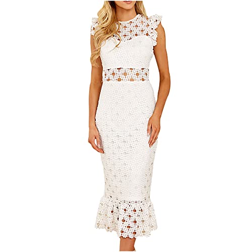 Summer Women Bodycon Dresses for Wedding Guest, Hollow Out Lace Splicing Ruffled Sleeveless Dress Trendy Party Gown
