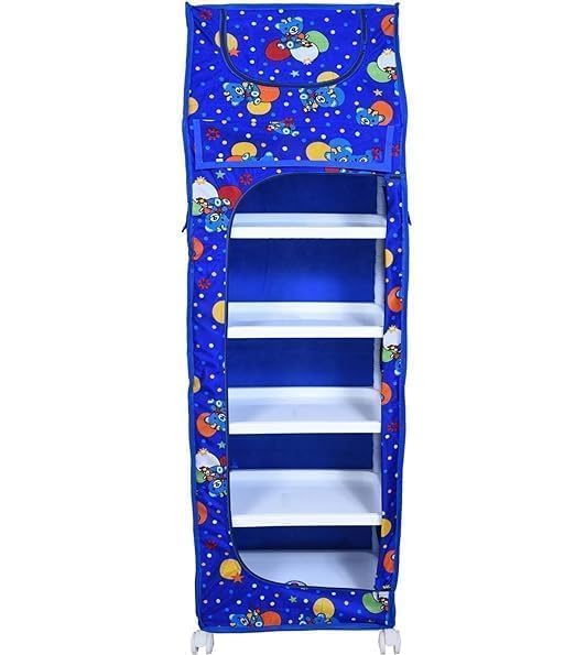Image of HYSEYY Baby Wardrobe Plastic Kids Storage Rack with Fabric Cover & Wheels | 6-Tier Plastic Shelves Organizer | Toy, Book & Clothes Storage Cabinet for Kids Room