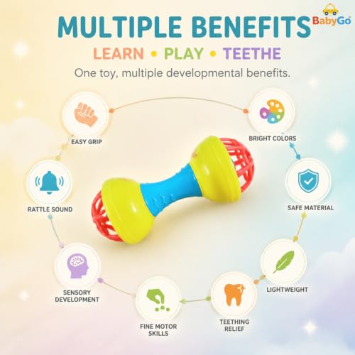 Image of BabyGo Dumbell Rattle for Baby | Non-Toxic Plastic Handheld Infant Bell Rattle | Toy for Kids 6-12 Months | New Born Baby Essential | Multicolor, Pack of 2
