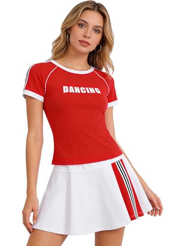 Miaeowve Juego de falda para mujer, traje de dos piezas, vestido deportivo a rayas, patchwork, golf, balonmano, bádminton al aire libre, manga corta, conjunto de camisetas y faldas, rojo, M