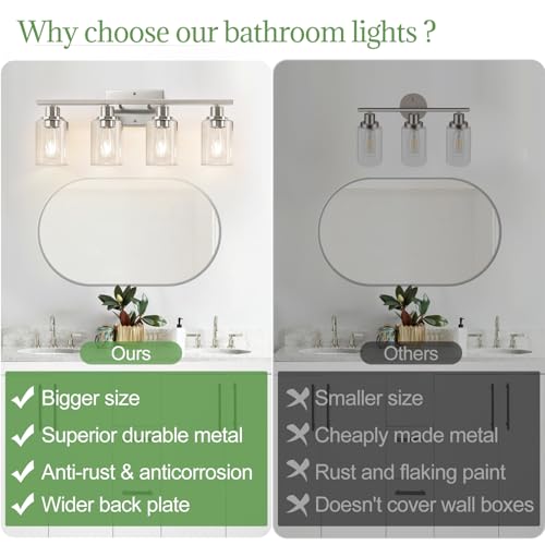 4-Light-Bathroom-Light-Fixtures-Brushed-Nickel-Vanity-Lights-with-Clear-Glass-Shades-Modern-Bathroom-Wall-Lamp-for-Mirror-Living-Room-Cabinet-Bedroom-Porch 4 Light Bathroom Light Fixtures Brushed Nickel Vanity Lights with Clear Glass Shades Modern Bathroom Wall Lamp for Mirror Living Room Cabinet Bedroom Porch