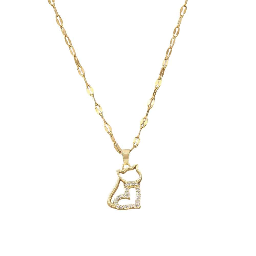 Dainty Heart Cat Pendant Necklace for Women 14K Gold Plated Stainless Steel Fashion Cute Crystal Kitten Animal Charms Link Chain Necklaces Adjustable Birthday Christmas Jewelry Gift Pet-Lover 18"