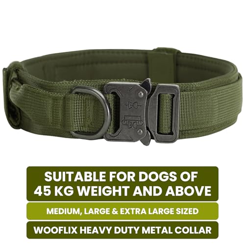 Image of WOOFLIX Metal Dog Collar For Training & Walks|Nylon Collar With Tactical Metal Buckle & D-Ring For Medium & Large Dogs|Dog Collar For Medium & Large Dogs (Extra Large, Army Green) - 25 X 5 Cm