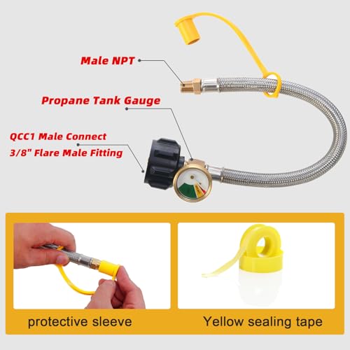 image for LONGADS 15 inch (Packs of 2) RV Propane Hoses with Gauge, Stainless St