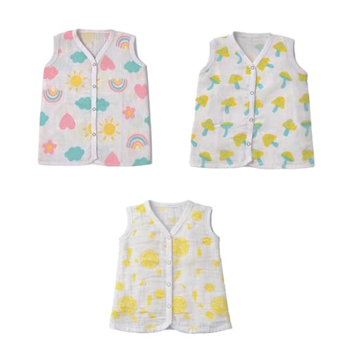 Image of Pack of 3 Muslin Sleeveless Baby Jabla with Buttons | 100% Organic Cotton Newborn Jhabla | Ultra-Soft Breathable Summer Wear for Boys & Girls | Assorted Random Prints Pack