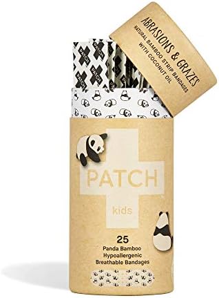 PATCH Kids Eco-Friendly Bamboo Bandages for Abrasions & Grazes Hypoallergenic Wound Care for Sensitive Skin, Compostable, Biodegradable, Latex Free, Plastic Free, Zero Waste, Coconut Oil, 25ct