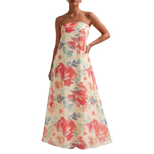 Image of Zwirelz Women Strapless Maxi Dress Boho Floral Print Flowy Long Tube Dress Off Shoulder Loose Beach Sundress