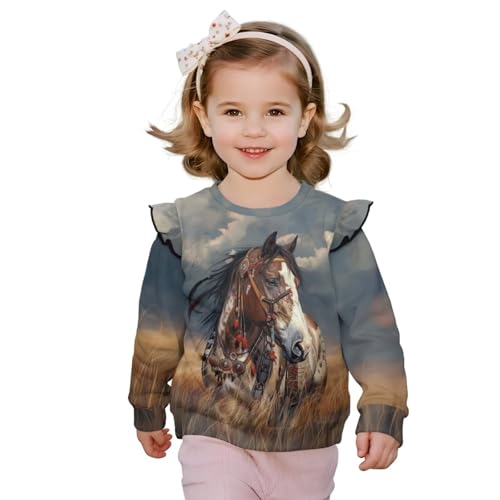 WELLFLYHOM Western Horse Girls Shirts Top 3-4T Toddler Crewneck Long Sleeve Sweatshirt Native Graphic Casual Top Drop Shoulder Ruffle Sleeve Fall Outfit for Fall Winter Spring
