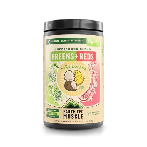 Earth Fed Muscle Greens and Reds Superfoods Blend Pia Colada Kale Spirulina Wheatgrass & Elderberry Antioxidant Support Vitamins & Probiotics No Artificial Ingredients 30 Servings
