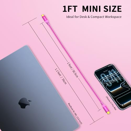 Image of ZeroneTeck USB C Monitor Cable [1ft, Pink], 20Gbps High-Speed Data Transfer, 4K@60Hz Display Video Output, USB 3.2 Gen 2x2 100W Charging for iPhone 17,MacBook,iPad,Dell,HP,KYY,ARZOPA,Portable Monitor